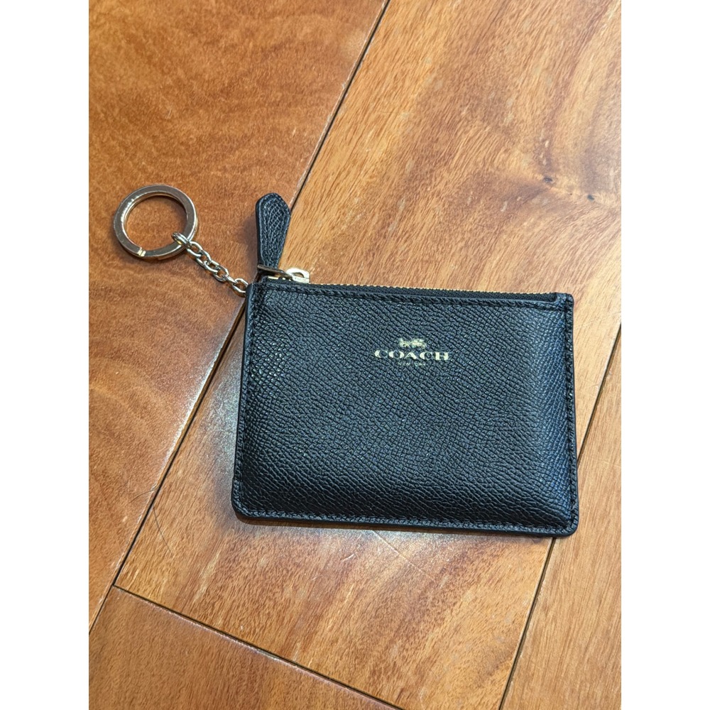 Coach Mini Skinny ID Case Womens Black Crossgrain Leather Keychain Wallet OS